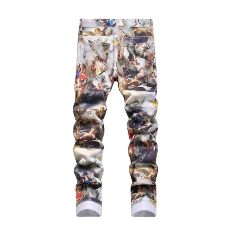 2025 Új, eredeti európai és amerikai stílusú, 3D digitális nyomtatású, postabélyegzős, rugalmas farmernadrág, divatos márka