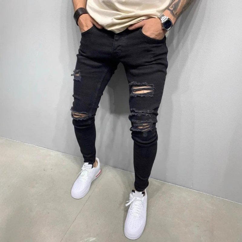 Európai és amerikai férfi vízlepergetős, szakadt, High Street karcsúsított, skinny nadrág, stretch farmer