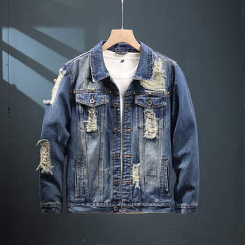 Saplēsta, nobružāta džinsa jaka, vīriešu 2025. gada pavasara un rudens brīva, moderna virsējā virspuse, mazgāta darba apģērba garām piedurknēm.