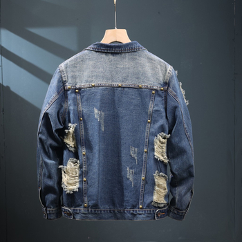 Saplēsta, nobružāta džinsa jaka, vīriešu 2025. gada pavasara un rudens brīva, moderna virsējā virspuse, mazgāta darba apģērba garām piedurknēm.