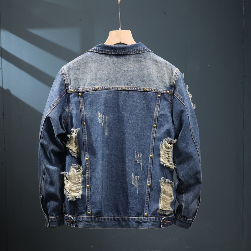 Saplēsta, nobružāta džinsa jaka, vīriešu 2025. gada pavasara un rudens brīva, moderna virsējā virspuse, mazgāta darba apģērba garām piedurknēm.