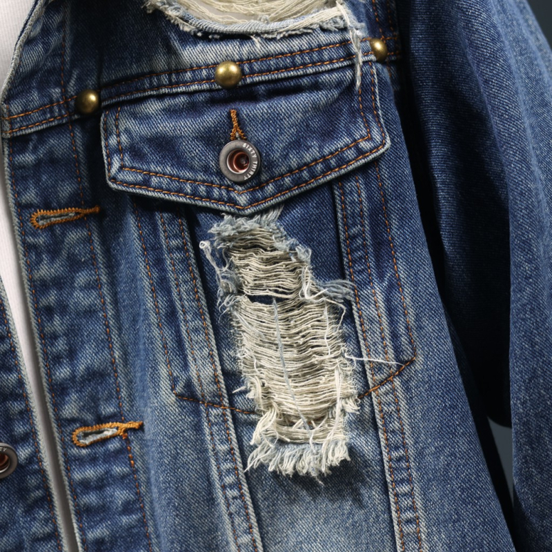 Saplēsta, nobružāta džinsa jaka, vīriešu 2025. gada pavasara un rudens brīva, moderna virsējā virspuse, mazgāta darba apģērba garām piedurknēm.