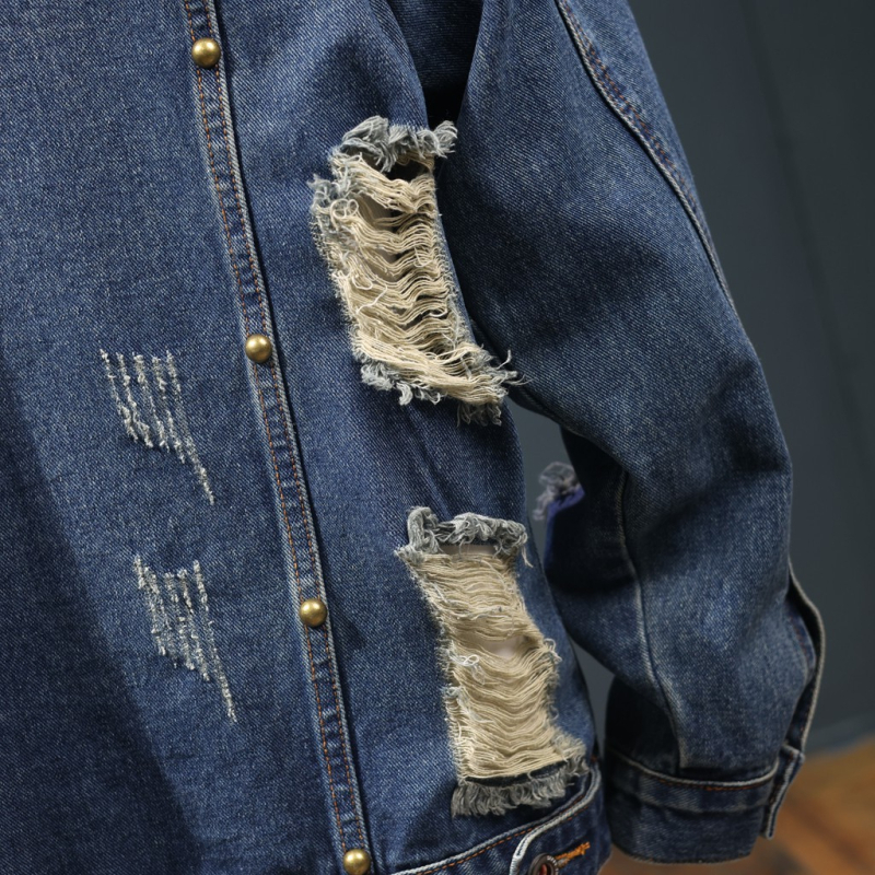 Saplēsta, nobružāta džinsa jaka, vīriešu 2025. gada pavasara un rudens brīva, moderna virsējā virspuse, mazgāta darba apģērba garām piedurknēm.