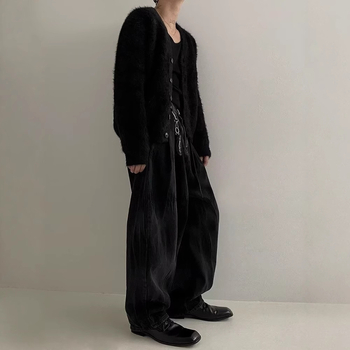 Amerikai stílusú retró, niche, laza, hongkongi stílusú, V-nyakú pulóver, férfi, lusta fazonú, páros, hosszú ujjú kötött kardigán