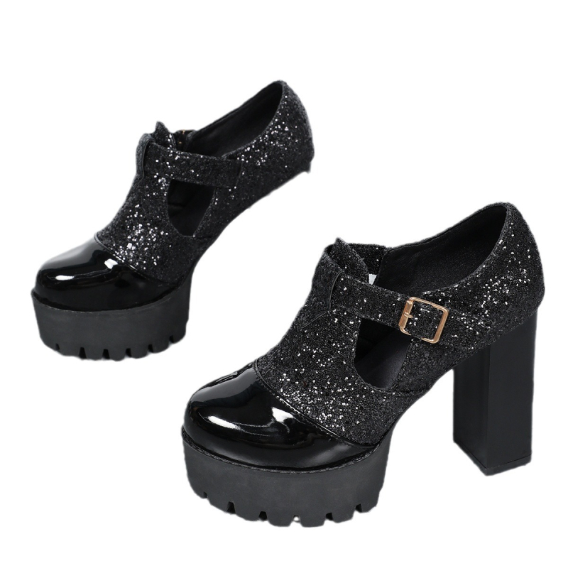 Határokon átnyúló 2024-es európai és amerikai stílusú új övcsatos divatos vastag sarok, plus size külkereskedelmi kerek fejű magas sarkú női divatcipő