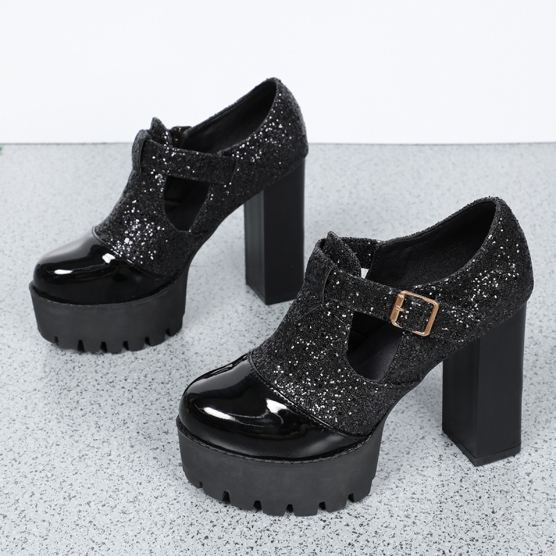 Határokon átnyúló 2024-es európai és amerikai stílusú új övcsatos divatos vastag sarok, plus size külkereskedelmi kerek fejű magas sarkú női divatcipő