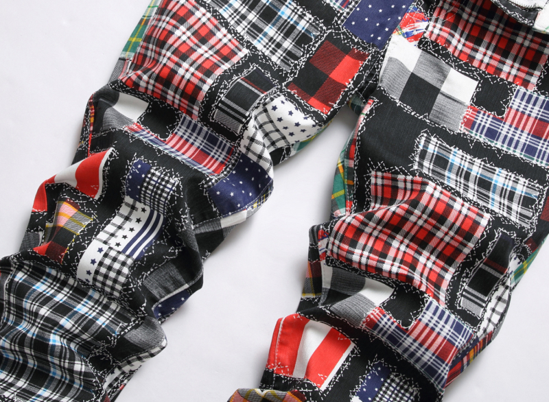 Πρωτότυπο ευρωπαϊκό και αμερικανικό νεανικό παντελόνι τζιν με ψηφιακή εκτύπωση και καρό ραφές, μοντέρνο, ελαστικό