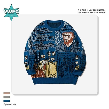 YWFG divatmárka őszi és téli, graffiti mintás, páros, lezser, lusta stílusú, laza japán kötött pulóver férfiaknak