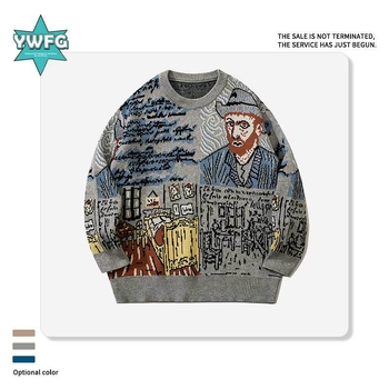YWFG divatmárka őszi és téli, graffiti mintás, páros, lezser, lusta stílusú, laza japán kötött pulóver férfiaknak