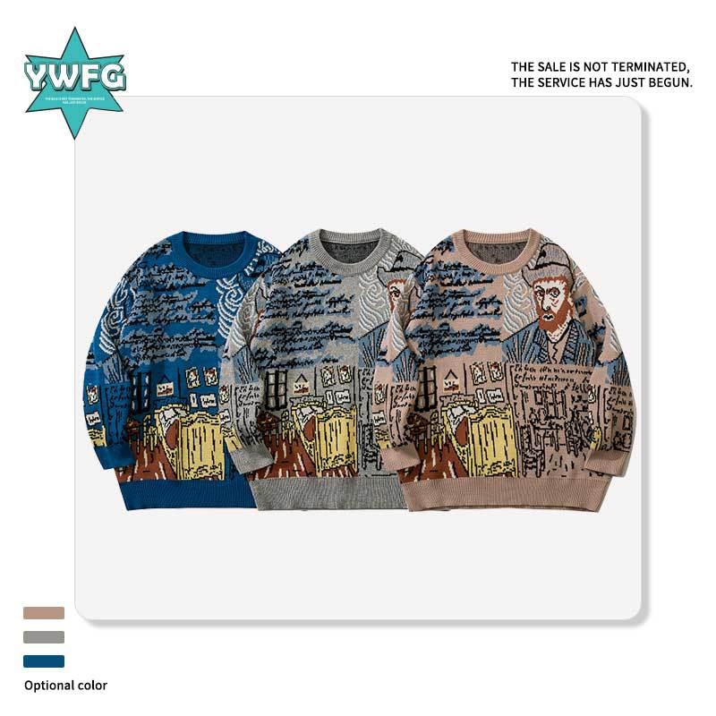 YWFG divatmárka őszi és téli, graffiti mintás, páros, lezser, lusta stílusú, laza japán kötött pulóver férfiaknak