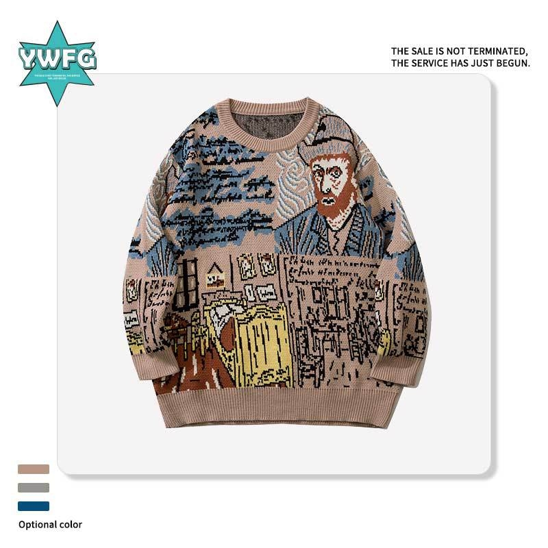 YWFG divatmárka őszi és téli, graffiti mintás, páros, lezser, lusta stílusú, laza japán kötött pulóver férfiaknak