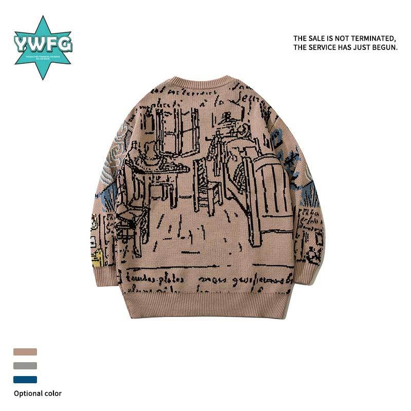 YWFG divatmárka őszi és téli, graffiti mintás, páros, lezser, lusta stílusú, laza japán kötött pulóver férfiaknak