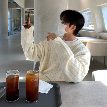 MYQ japán stílusú csavart mintás férfi téli meleg, laza felső, koreai stílusú, divatos, kerek nyakú pulóver