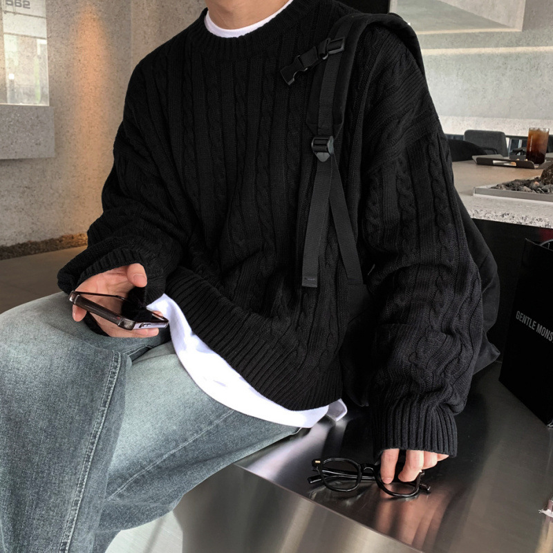 MYQ japán stílusú csavart mintás férfi téli meleg, laza felső, koreai stílusú, divatos, kerek nyakú pulóver