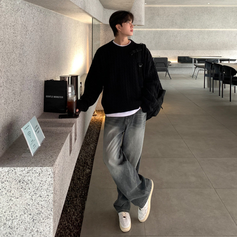 MYQ japán stílusú csavart mintás férfi téli meleg, laza felső, koreai stílusú, divatos, kerek nyakú pulóver