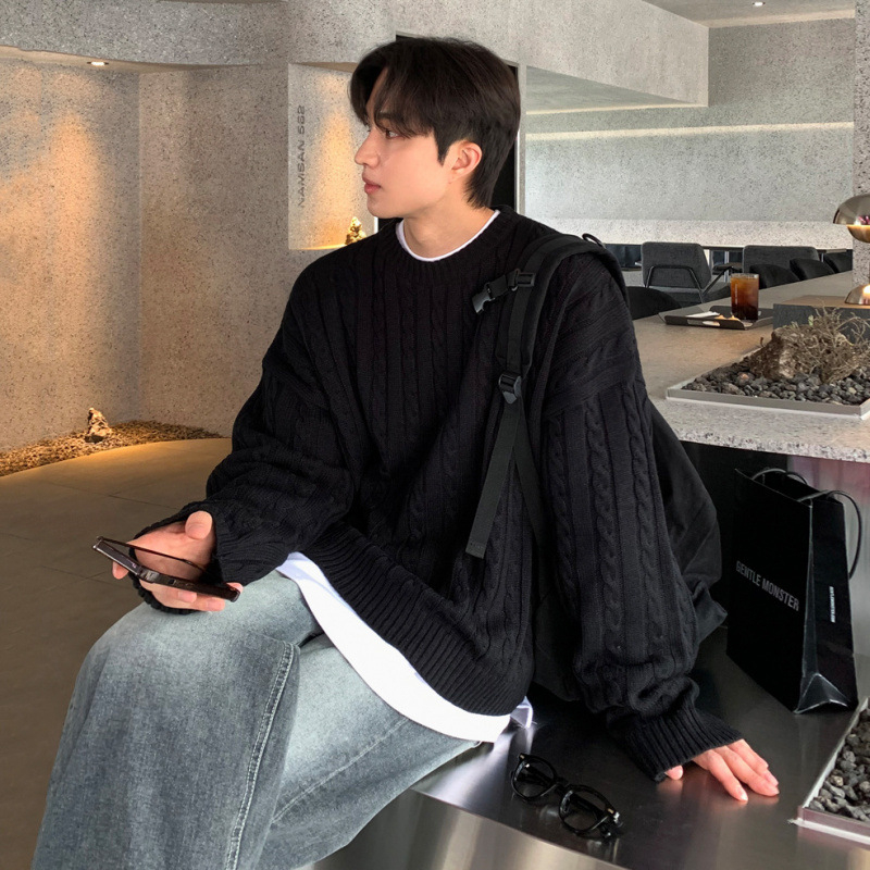 MYQ japán stílusú csavart mintás férfi téli meleg, laza felső, koreai stílusú, divatos, kerek nyakú pulóver