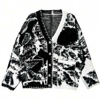Őszi és téli divatos kötött kardigán 2024 új fekete-fehér színes gombos dekoratív egysoros bő retró stílusú vastag kabát