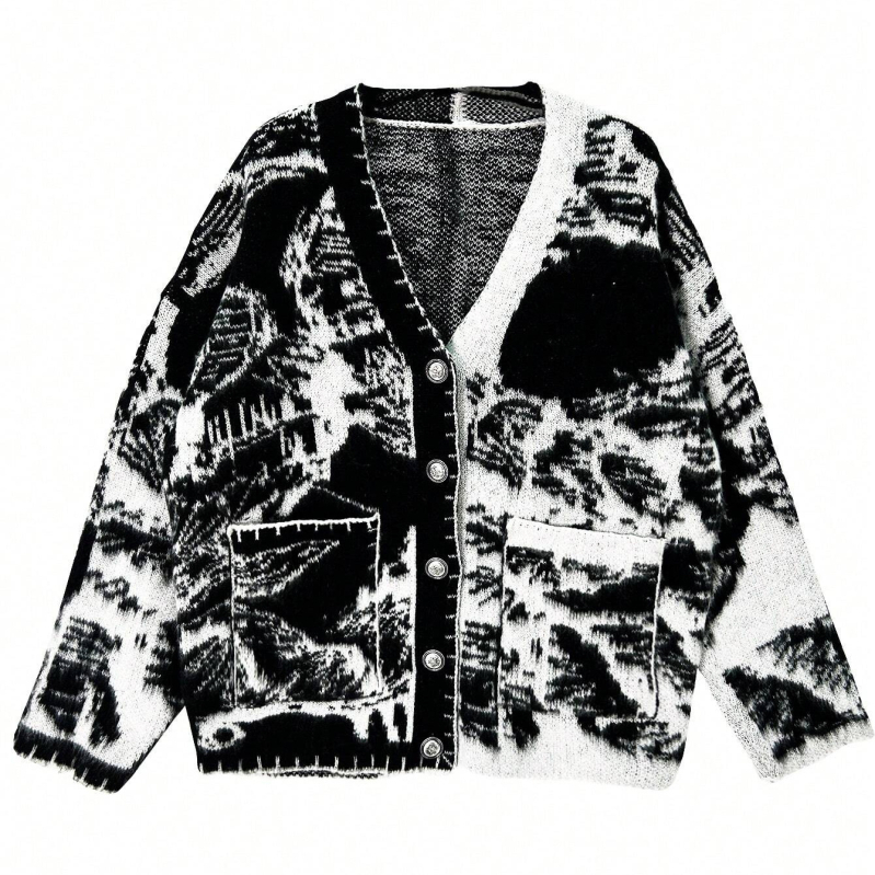 Őszi és téli divatos kötött kardigán 2024 új fekete-fehér színes gombos dekoratív egysoros bő retró stílusú vastag kabát