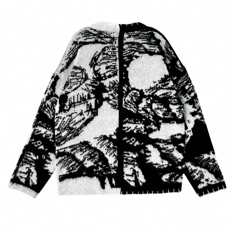 Őszi és téli divatos kötött kardigán 2024 új fekete-fehér színes gombos dekoratív egysoros bő retró stílusú vastag kabát
