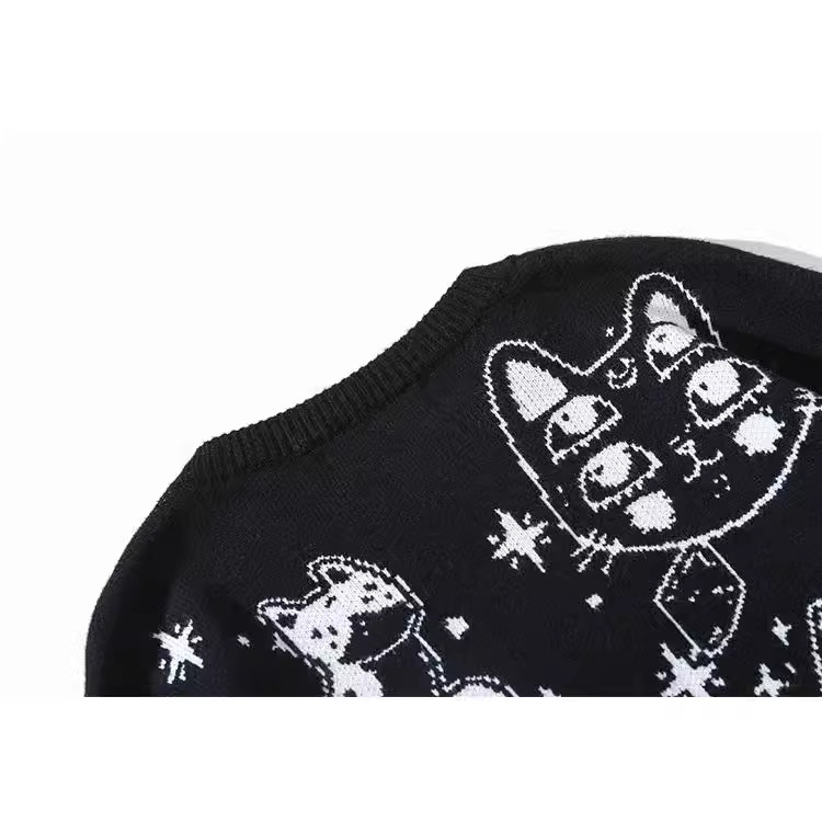 Határokon átnyúló japán retró macskafejes kerek nyakú pulóver, egyetemi stílusú, divatos, laza kötött felsők férfiaknak és nőknek