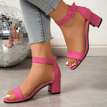 Γυναικεία σανδάλια με αγκράφα και λουράκι, χοντρό τακούνι, 2025, νέο καλοκαιρινό φόρεμα με μεσαίο τακούνι, κομψό φόρεμα, ροζ ψηλοτάκουνα παπούτσια