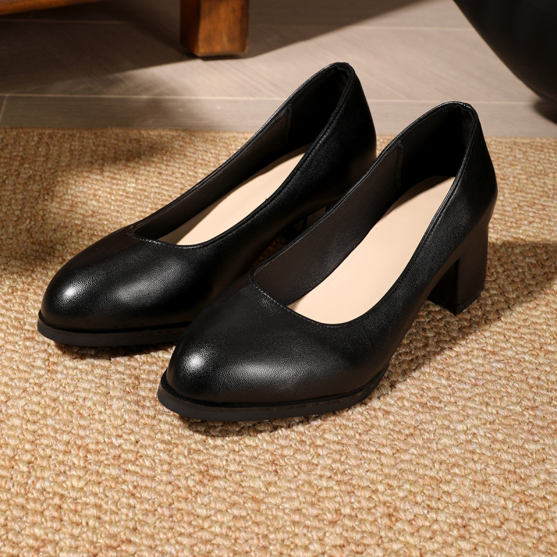 Női ruha, puha talpú, vastag sarok, kerek fejű, női fekete magas sarkú cipő, középsarkú, egyrétegű cipő, professzionális munkacipő, körömcipő