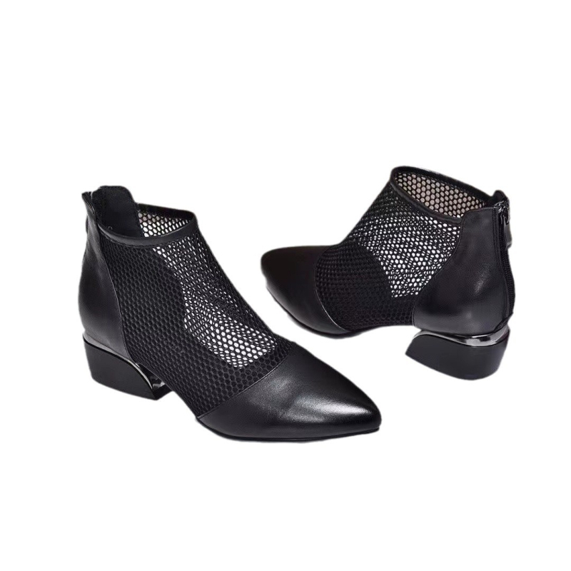 2024 tavaszi és őszi új szandálok női külkereskedelmi hegyes sarkú, alacsony sarkú, üreges hálós hátú, cipzáras, római szandálok nagykereskedelemben