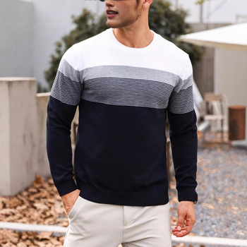 2025 őszi-téli férfi színes csíkos mintás kötött kerek nyakú és hosszú ujjú teknőskabát klasszikus lezser alaping