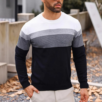 2025 őszi-téli férfi színes csíkos mintás kötött kerek nyakú és hosszú ujjú teknőskabát klasszikus lezser alaping