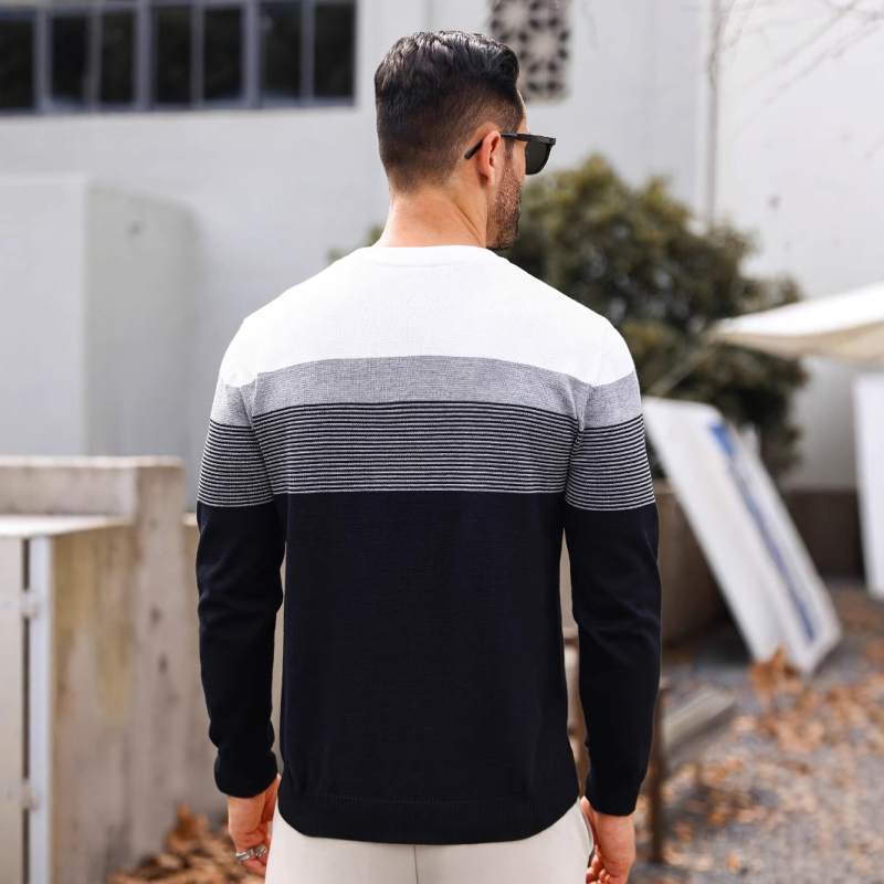 2025 őszi-téli férfi színes csíkos mintás kötött kerek nyakú és hosszú ujjú teknőskabát klasszikus lezser alaping