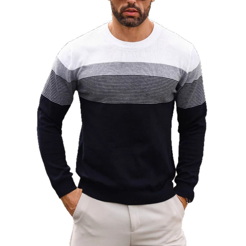 2025 őszi-téli férfi színes csíkos mintás kötött kerek nyakú és hosszú ujjú teknőskabát klasszikus lezser alaping