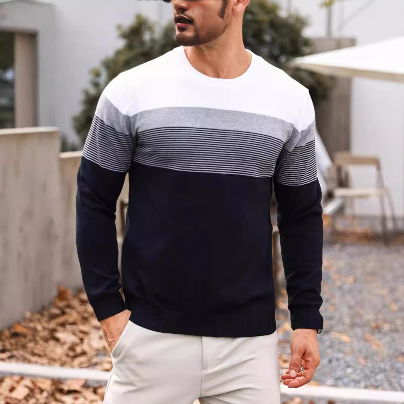 2025 őszi-téli férfi színes csíkos mintás kötött kerek nyakú és hosszú ujjú teknőskabát klasszikus lezser alaping