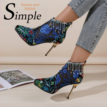 2023-as nagyméretű külkereskedelmi új magas sarkú antik bőr csizma hímzett hálós finom sarkú baotou divat divatos cipők őszre és télre