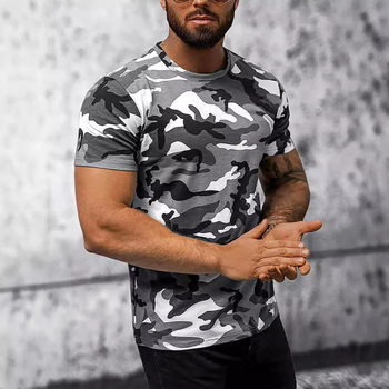 Üzleti szürke álcázó mintás 3D digitális nyomtatású férfi jobb vállú, lélegző, bő, kerek nyakú, rövid ujjú póló, közvetlen értékesítés nagykereskedelemben