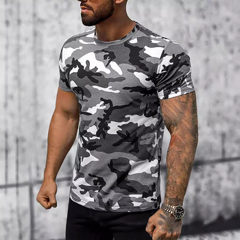Üzleti szürke álcázó mintás 3D digitális nyomtatású férfi jobb vállú, lélegző, bő, kerek nyakú, rövid ujjú póló, közvetlen értékesítés nagykereskedelemben