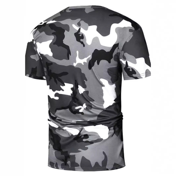Üzleti szürke álcázó mintás 3D digitális nyomtatású férfi jobb vállú, lélegző, bő, kerek nyakú, rövid ujjú póló, közvetlen értékesítés nagykereskedelemben