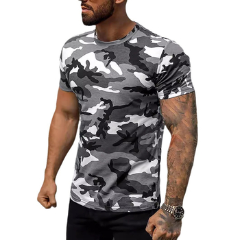 Üzleti szürke álcázó mintás 3D digitális nyomtatású férfi jobb vállú, lélegző, bő, kerek nyakú, rövid ujjú póló, közvetlen értékesítés nagykereskedelemben