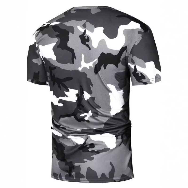 Üzleti szürke álcázó mintás 3D digitális nyomtatású férfi jobb vállú, lélegző, bő, kerek nyakú, rövid ujjú póló, közvetlen értékesítés nagykereskedelemben
