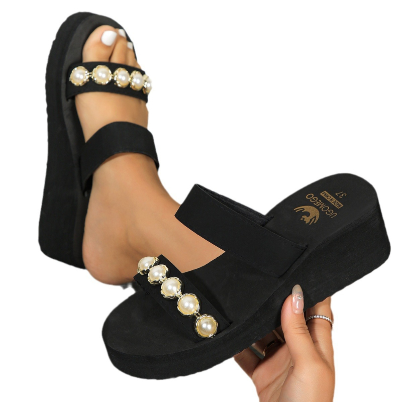 2024 m. vasaros užsienio prekybos vientisos spalvos, plius dydžio moteriškos perlų stiliaus vieno žodžio viršutiniai drabužiai, madingos pleištinės basutės