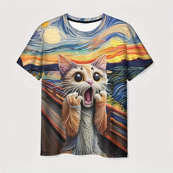 Férfi alkalmi, minden mérkőzésre alkalmas, laza vállú, rövid ujjú, kereknyakú póló, színes, szórakoztató művészeti olajfestmény, sikító macska 3D nyomtatás