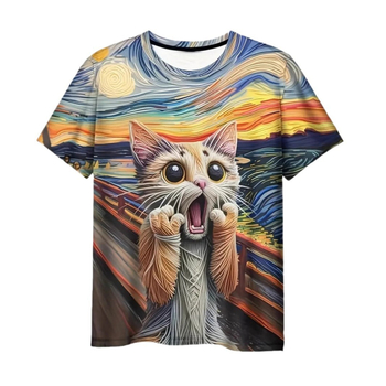 Férfi alkalmi, minden mérkőzésre alkalmas, laza vállú, rövid ujjú, kereknyakú póló, színes, szórakoztató művészeti olajfestmény, sikító macska 3D nyomtatás