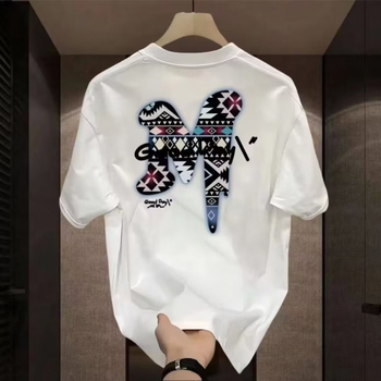 Nehéz, divatos, márkás, pamut mintás férfi rövid ujjú póló 2025 új, nyári divatos, lezser, kerek nyakú póló