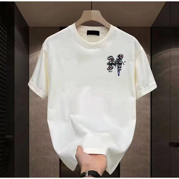 Nehéz, divatos, márkás, pamut mintás férfi rövid ujjú póló 2025 új, nyári divatos, lezser, kerek nyakú póló