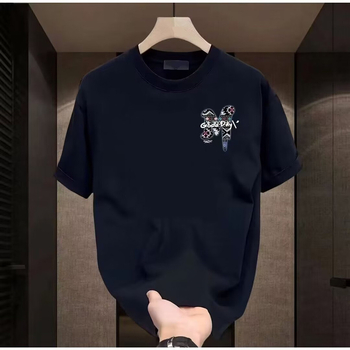 Nehéz, divatos, márkás, pamut mintás férfi rövid ujjú póló 2025 új, nyári divatos, lezser, kerek nyakú póló