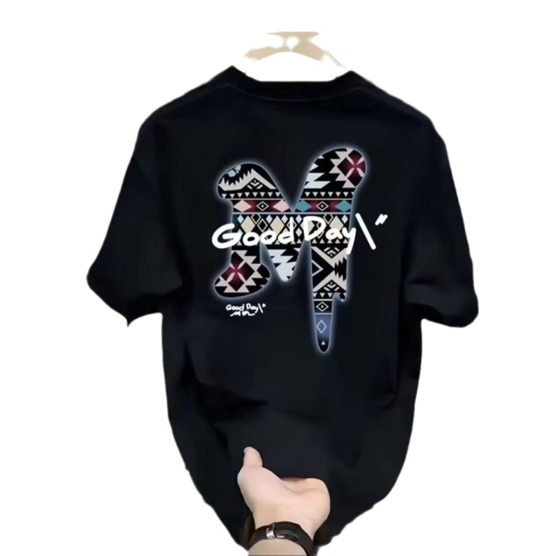 Nehéz, divatos, márkás, pamut mintás férfi rövid ujjú póló 2025 új, nyári divatos, lezser, kerek nyakú póló