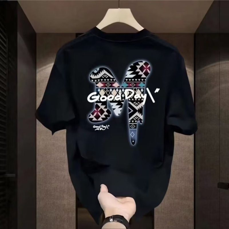 Nehéz, divatos, márkás, pamut mintás férfi rövid ujjú póló 2025 új, nyári divatos, lezser, kerek nyakú póló