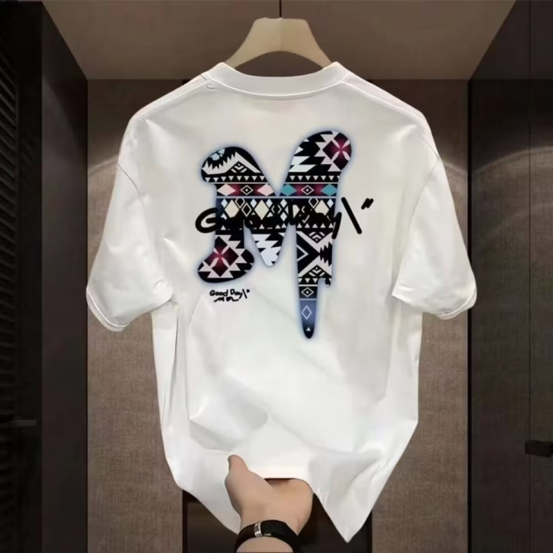 Nehéz, divatos, márkás, pamut mintás férfi rövid ujjú póló 2025 új, nyári divatos, lezser, kerek nyakú póló