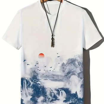 Rövid ujjú, laza tusfestményes tájképes naplementés férfi póló, országos trendi felső, divatos, lezser nyári férfi ruházat tintamintával