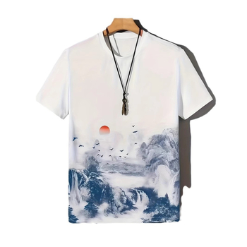 Rövid ujjú, laza tusfestményes tájképes naplementés férfi póló, országos trendi felső, divatos, lezser nyári férfi ruházat tintamintával