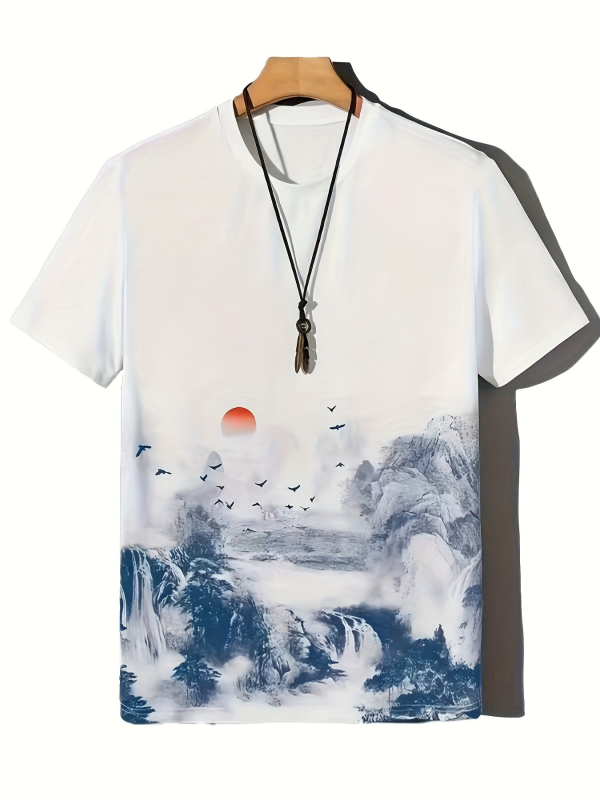 Rövid ujjú, laza tusfestményes tájképes naplementés férfi póló, országos trendi felső, divatos, lezser nyári férfi ruházat tintamintával